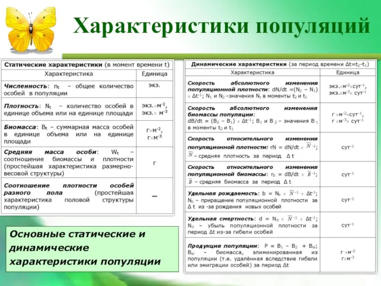 Основные статические и динамические характеристики популяции Характеристики популяций