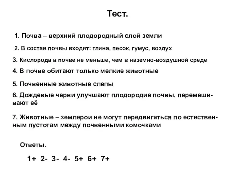 Тест. 1. Почва – верхний плодородный слой земли 2. В состав почвы