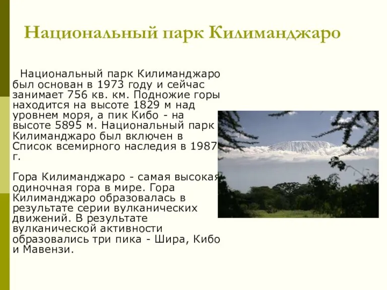 Национальный парк Килиманджаро Национальный парк Килиманджаро был основан в 1973 году и