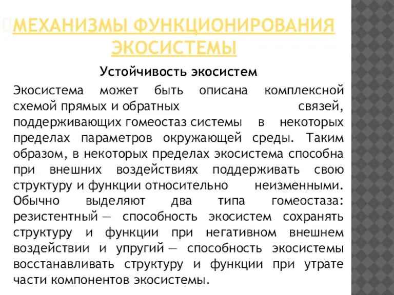 Механизмы функционирования экосистемы Устойчивость экосистем Экосистема может быть описана комплексной схемой прямых