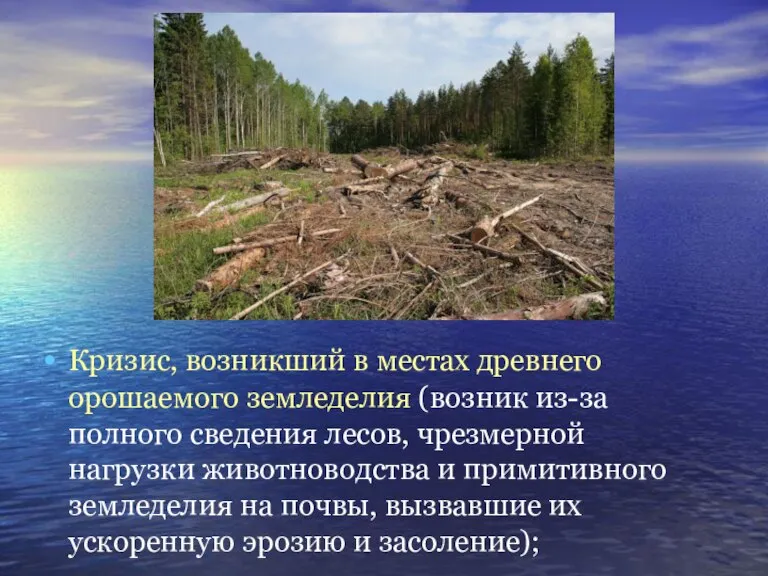 Кризис, возникший в местах древнего орошаемого земледелия (возник из-за полного сведения лесов,