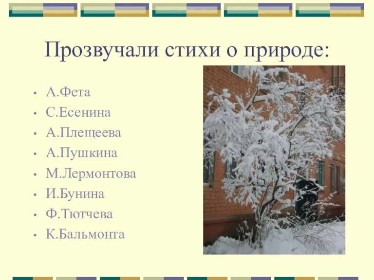 Прозвучали стихи о природе: А.Фета С.Есенина А.Плещеева А.Пушкина М.Лермонтова И.Бунина Ф.Тютчева К.Бальмонта