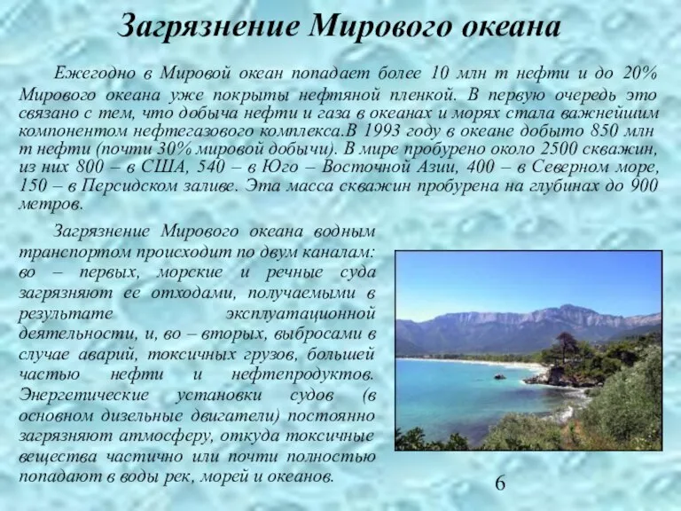 Загрязнение Мирового океана Ежегодно в Мировой океан попадает более 10 млн т