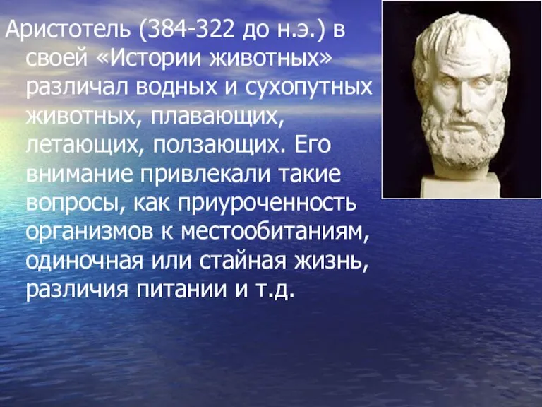 Аристотель (384-322 до н.э.) в своей «Истории животных» различал водных и сухопутных