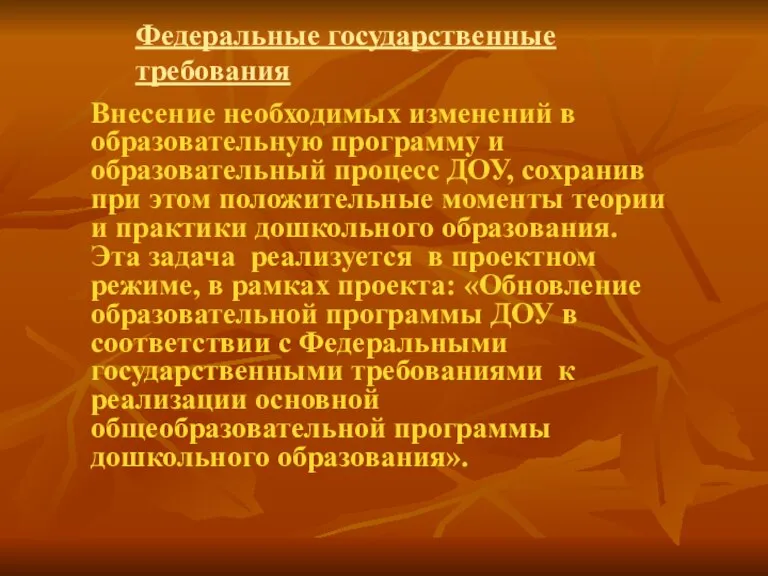 Федеральные государственные требования Внесение необходимых изменений в образовательную программу и образовательный процесс