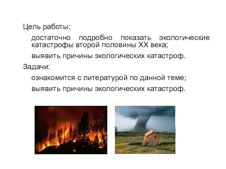 Цель работы: достаточно подробно показать экологические катастрофы второй половины XX века; выявить