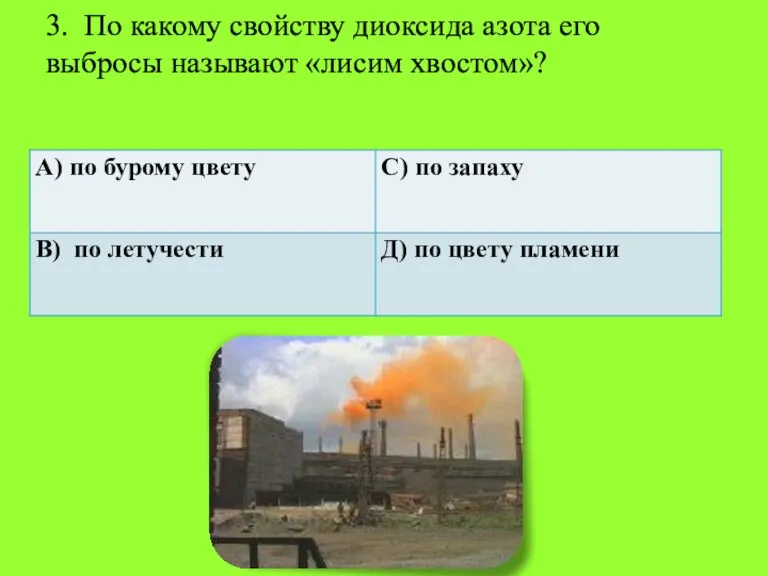 3. По какому свойству диоксида азота его выбросы называют «лисим хвостом»?