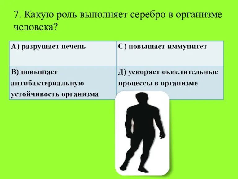 7. Какую роль выполняет серебро в организме человека?