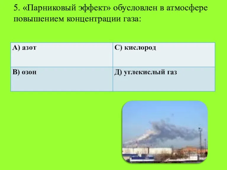 5. «Парниковый эффект» обусловлен в атмосфере повышением концентрации газа: