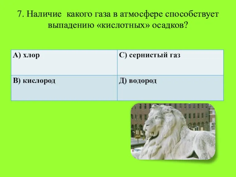 7. Наличие какого газа в атмосфере способствует выпадению «кислотных» осадков?