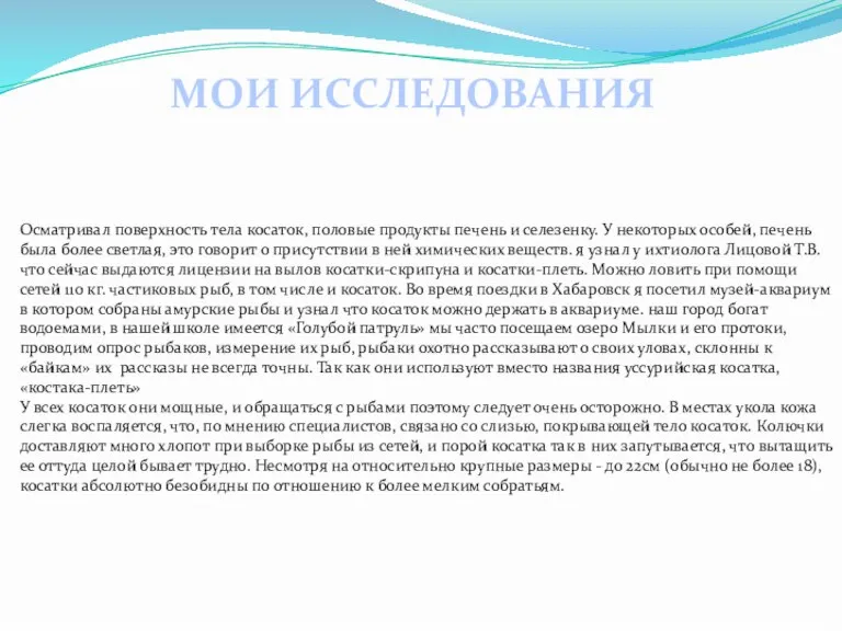 Осматривал поверхность тела косаток, половые продукты печень и селезенку. У некоторых особей,