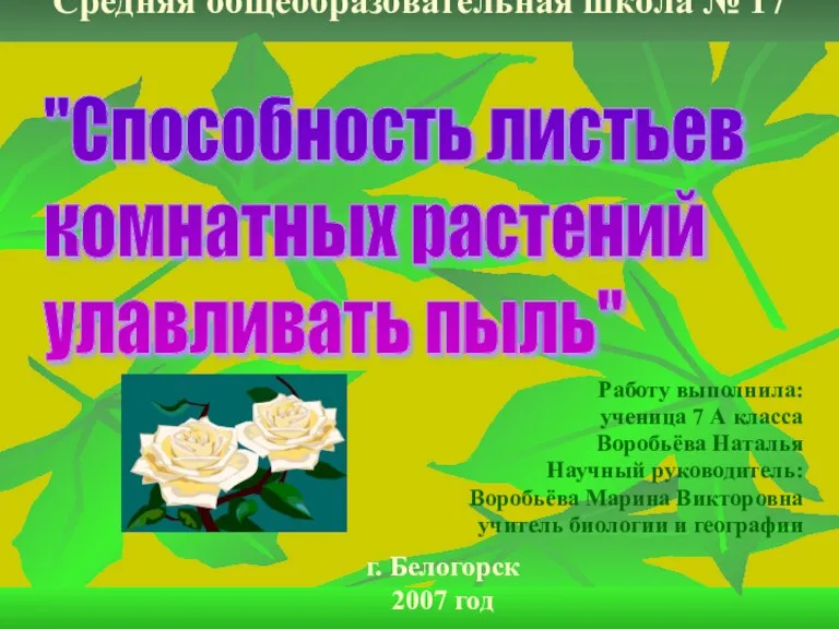 Средняя общеобразовательная школа № 17 Работу выполнила: ученица 7 А класса Воробьёва
