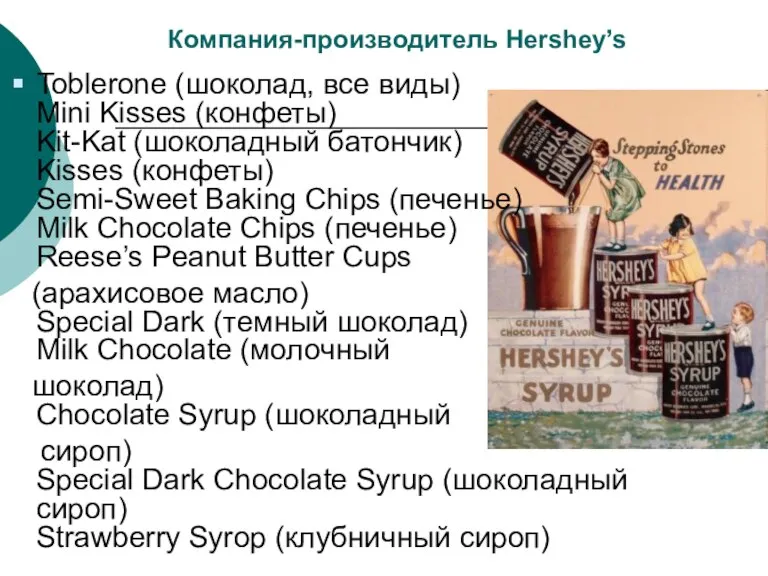 Компания-производитель Hershey’s Toblerone (шоколад, все виды) Mini Kisses (конфеты) Kit-Kat (шоколадный батончик)