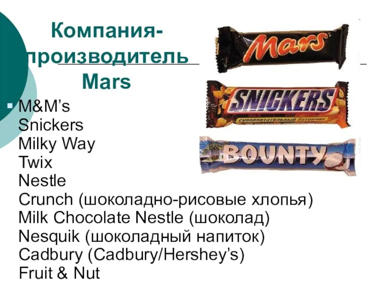 Компания- производитель Mars M&M’s Snickers Milky Way Twix Nestle Crunch (шоколадно-рисовые хлопья)