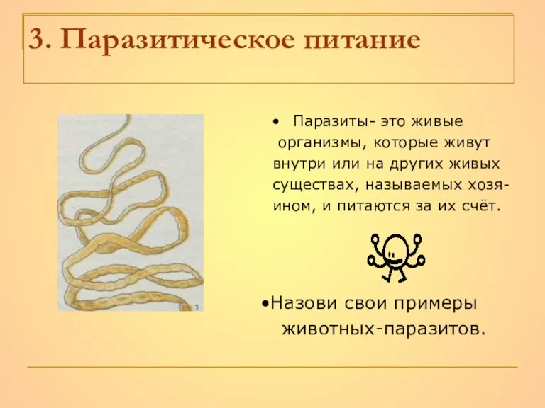 3. Паразитическое питание Паразиты- это живые организмы, которые живут внутри или на