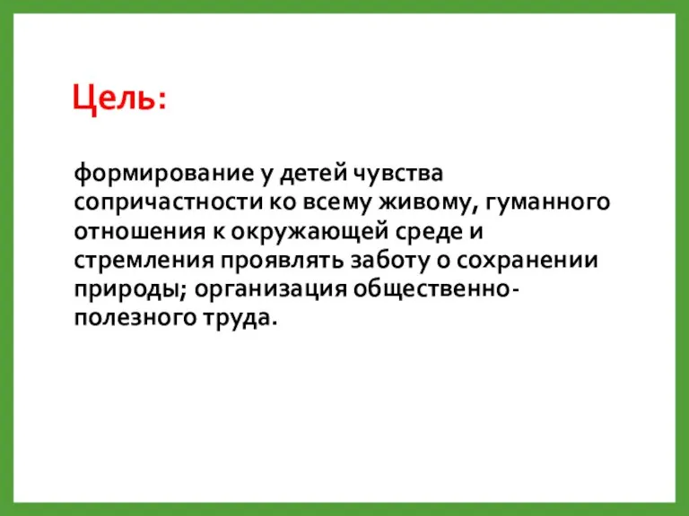 Цель: формирование у детей чувства сопричастности ко всему живому, гуманного отношения к