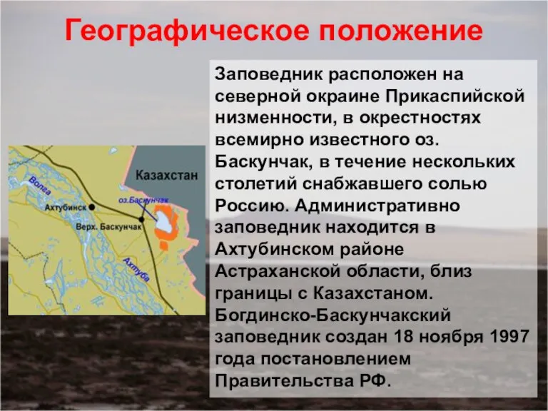 Географическое положение Заповедник расположен на северной окраине Прикаспийской низменности, в окрестностях всемирно