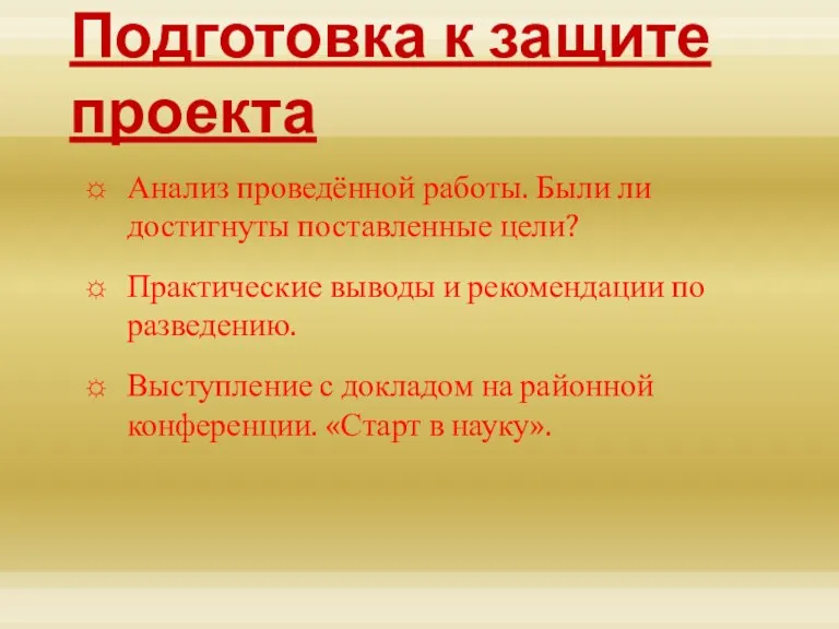 Подготовка к защите проекта Анализ проведённой работы. Были ли достигнуты поставленные цели?