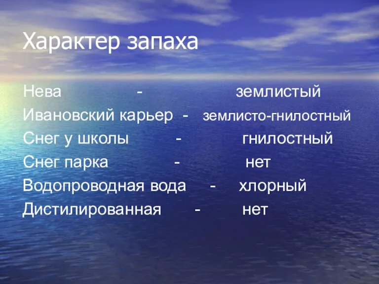 Характер запаха Нева - землистый Ивановский карьер - землисто-гнилостный Снег у школы