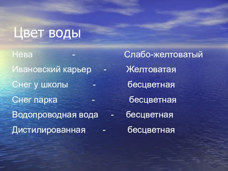 Цвет воды Нева - Слабо-желтоватый Ивановский карьер - Желтоватая Снег у школы