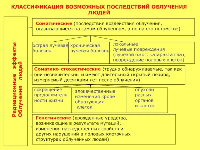 КЛАССИФИКАЦИЯ ВОЗМОЖНЫХ ПОСЛЕДСТВИЙ ОБЛУЧЕНИЯ ЛЮДЕЙ Радиационные эффекты Облучения людей Соматические (последствия воздействия