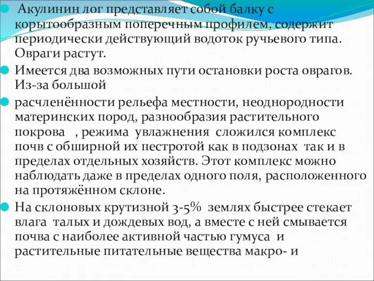 Акулинин лог представляет собой балку с корытообразным поперечным профилем, содержит периодически действующий