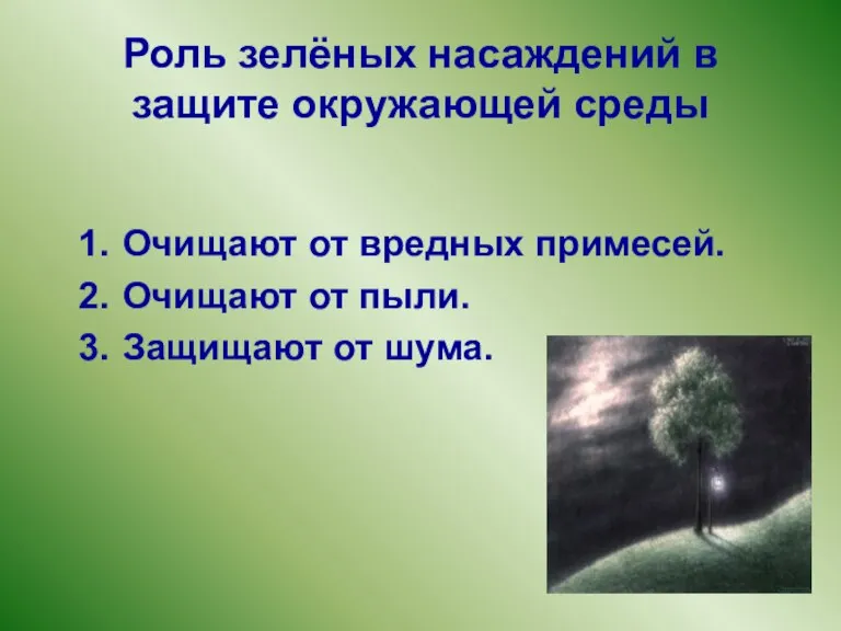 Роль зелёных насаждений в защите окружающей среды Очищают от вредных примесей. Очищают