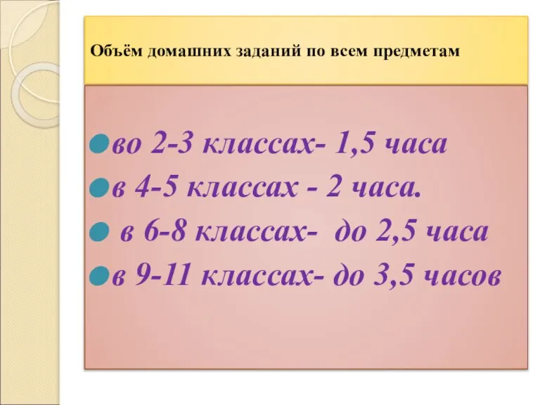 Объём домашних заданий по всем предметам во 2-3 классах- 1,5 часа в