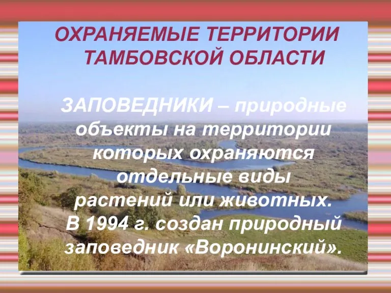 ОХРАНЯЕМЫЕ ТЕРРИТОРИИ ТАМБОВСКОЙ ОБЛАСТИ ЗАПОВЕДНИКИ – природные объекты на территории которых охраняются