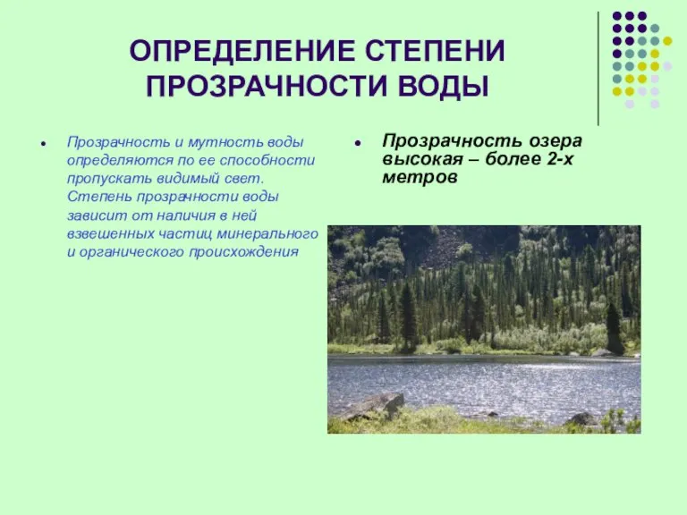 ОПРЕДЕЛЕНИЕ СТЕПЕНИ ПРОЗРАЧНОСТИ ВОДЫ Прозрачность и мутность воды определяются по ее способности