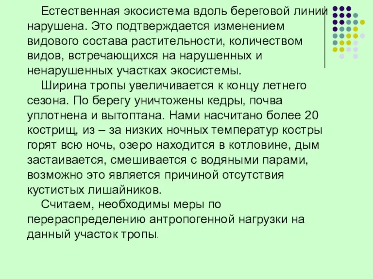 Естественная экосистема вдоль береговой линии нарушена. Это подтверждается изменением видового состава растительности,