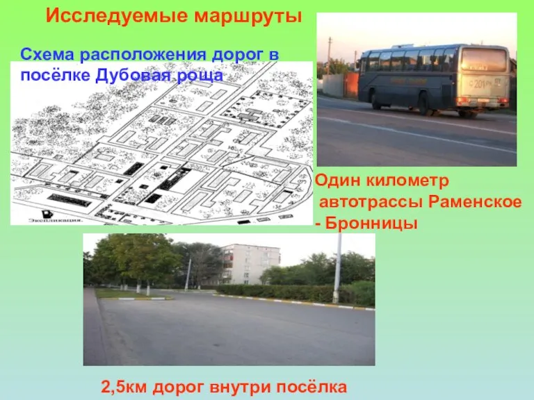 Один километр автотрассы Раменское - Бронницы 2,5км дорог внутри посёлка Исследуемые маршруты