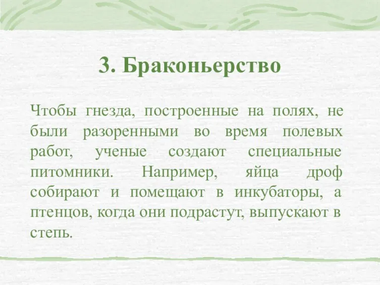 3. Браконьерство Чтобы гнезда, построенные на полях, не были разоренными во время