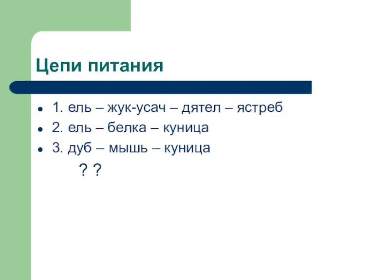 Цепи питания 1. ель – жук-усач – дятел – ястреб 2. ель