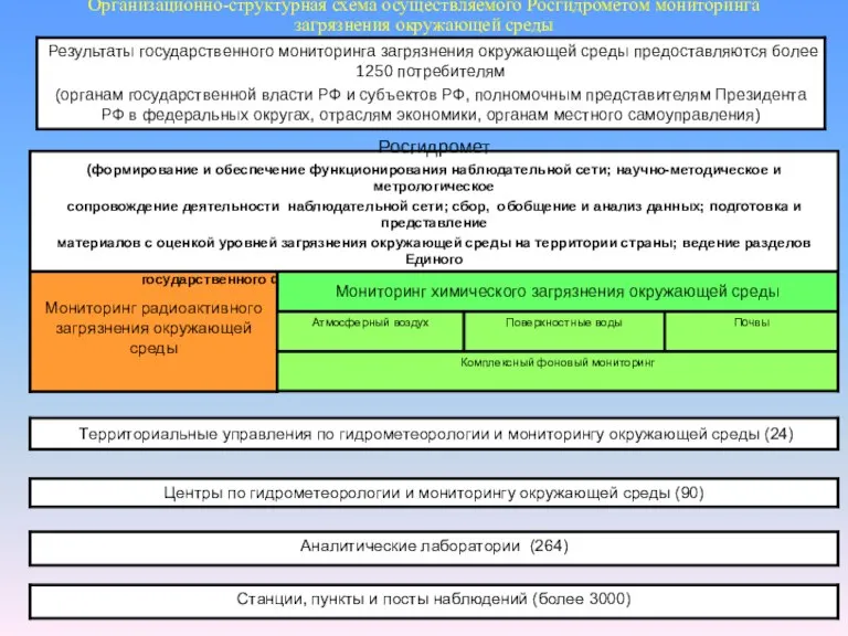 Организационно-структурная схема осуществляемого Росгидрометом мониторинга загрязнения окружающей среды Росгидромет (формирование и обеспечение