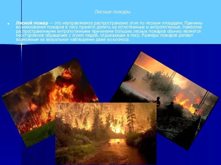 Лесной пожар — это неуправляемое распространение огня по лесным площадям. Причины возникновения