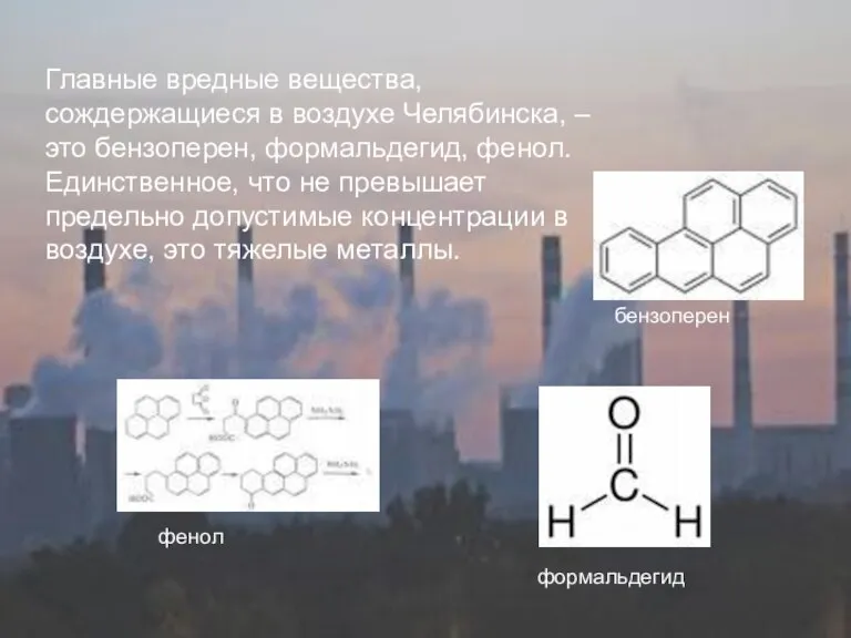 Главные вредные вещества, сождержащиеся в воздухе Челябинска, – это бензоперен, формальдегид, фенол.