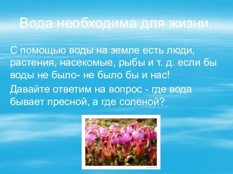 Вода необходима для жизни. С помощью воды на земле есть люди, растения,