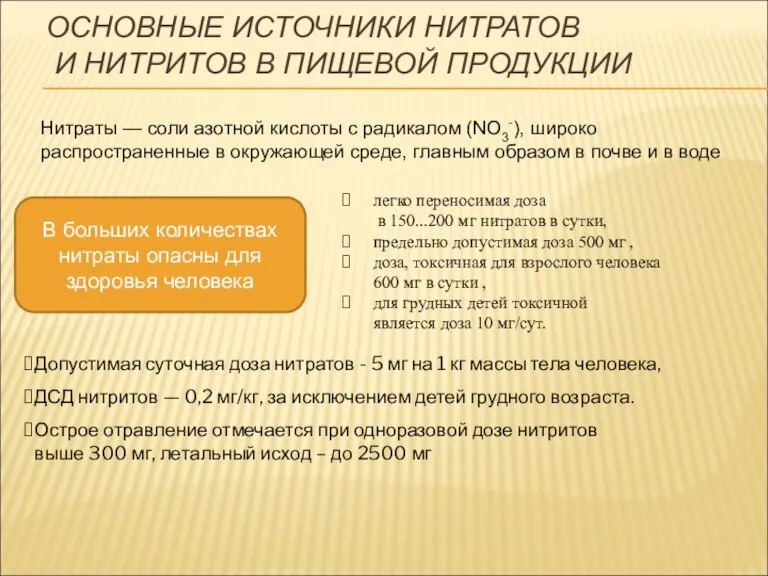 ОСНОВНЫЕ ИСТОЧНИКИ НИТРАТОВ И НИТРИТОВ В ПИЩЕВОЙ ПРОДУКЦИИ Нитраты — соли азотной