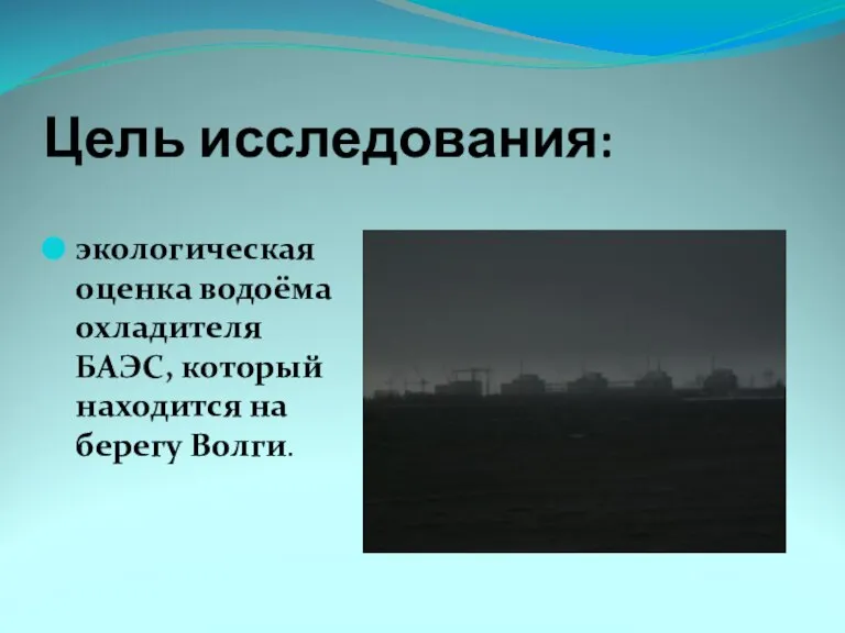 Цель исследования: экологическая оценка водоёма охладителя БАЭС, который находится на берегу Волги.