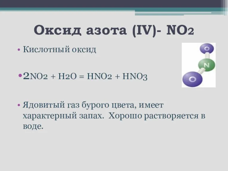 Оксид азота (IV)- NO2 Кислотный оксид 2NO2 + H2O = HNO2 +