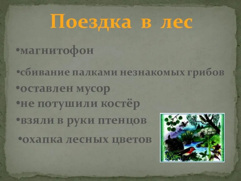 Поездка в лес магнитофон сбивание палками незнакомых грибов оставлен мусор не потушили