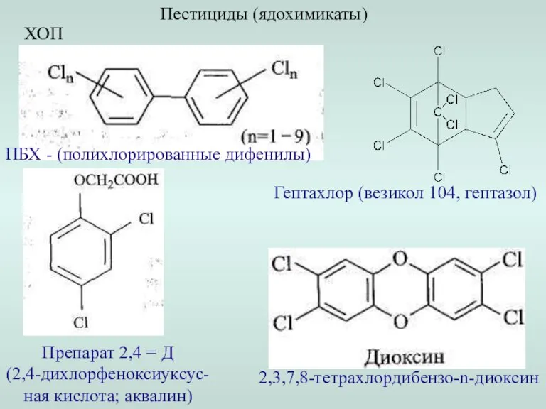 Пестициды (ядохимикаты) ХОП ПБХ - (полихлорированные дифенилы) Препарат 2,4 = Д (2,4-дихлорфеноксиуксус-