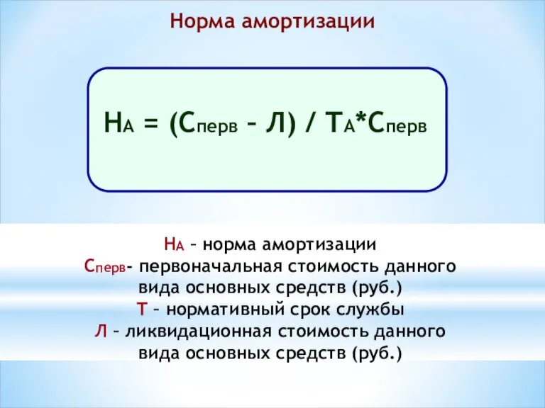 Норма амортизации НА – норма амортизации Сперв- первоначальная стоимость данного вида основных