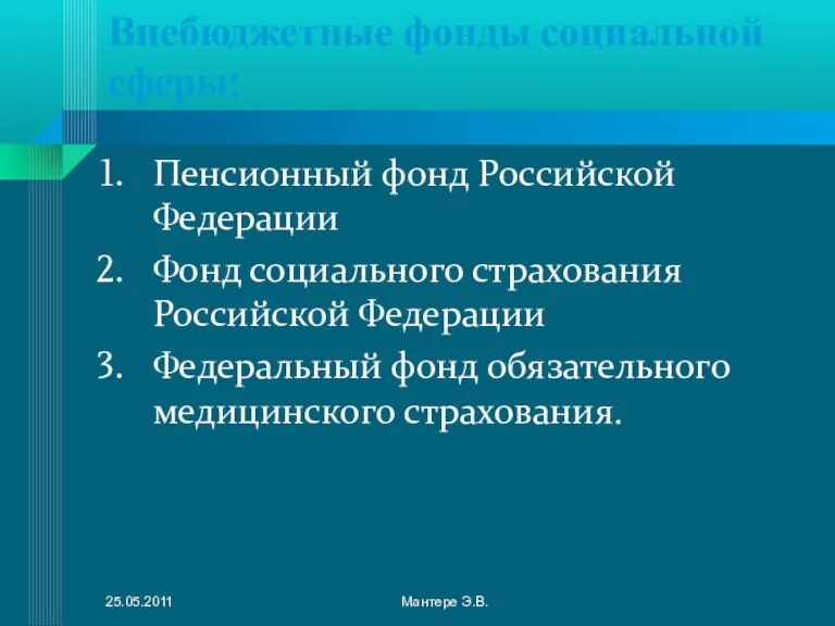 Внебюджетные фонды социальной сферы: Пенсионный фонд Российской Федерации Фонд социального страхования Российской