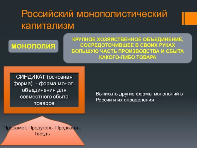 Российский монополистический капитализм МОНОПОЛИЯ КРУПНОЕ ХОЗЯЙСТВЕННОЕ ОБЪЕДИНЕНИЕ, СОСРЕДОТОЧИВШЕЕ В СВОИХ РУКАХ БОЛЬШУЮ