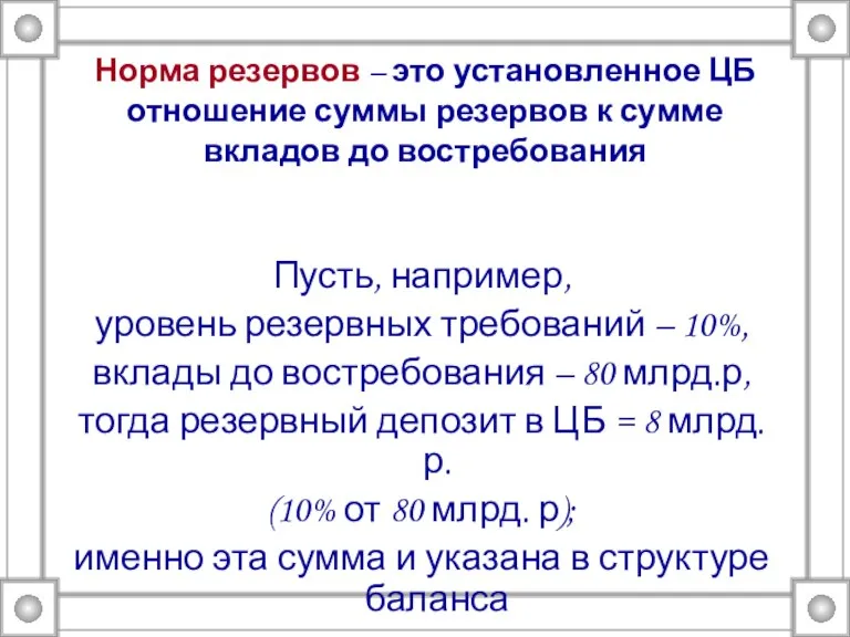 Пусть, например, уровень резервных требований – 10%, вклады до востребования – 80