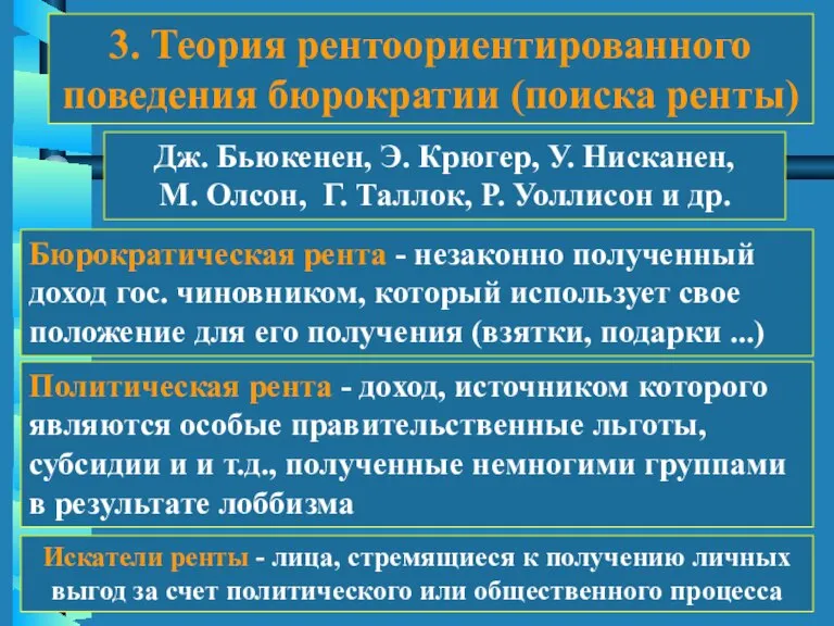 3. Теория рентоориентированного поведения бюрократии (поиска ренты) Дж. Бьюкенен, Э. Крюгер, У.