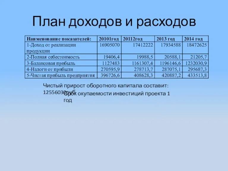 План доходов и расходов Чистый прирост оборотного капитала составит: 12556030руб Срок окупаемости инвестиций проекта 1 год