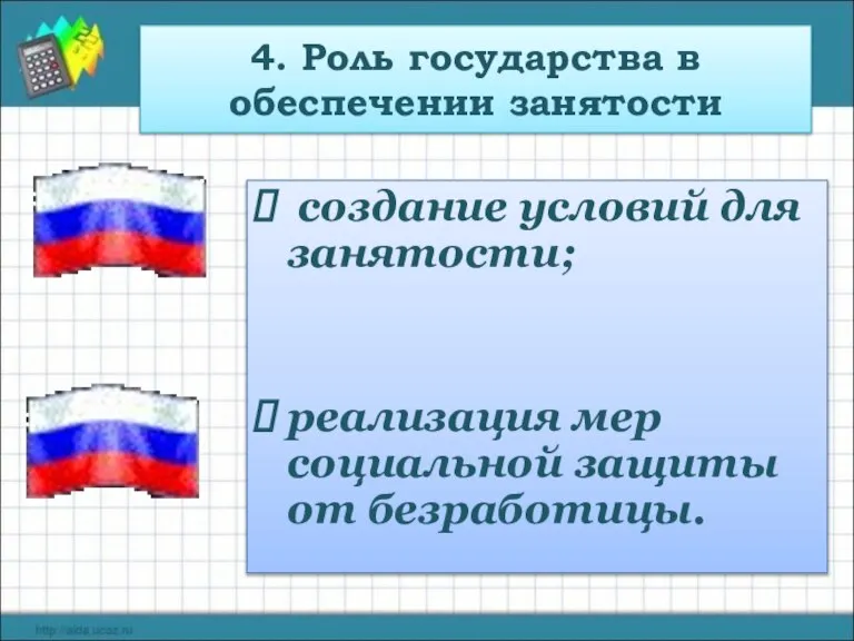 4. Роль государства в обеспечении занятости создание условий для занятости; реализация мер социальной защиты от безработицы.